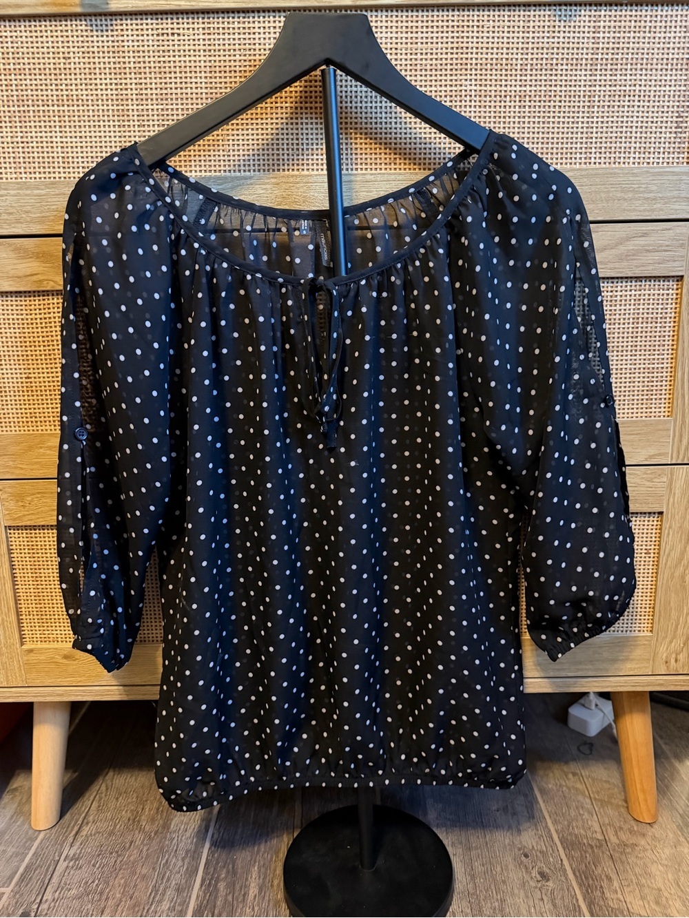 Maurices Black Polka Dot Tie-Neck Blouse